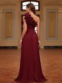 Elitara 1pc Asymmetrical Neck Pleated, Handmade 3D Floral Decor Women's Formal Evening Dress (Heavy Embellished), Elegant Prom Gown, For Wedding Guest, Graduation, Dinner, Party Dress