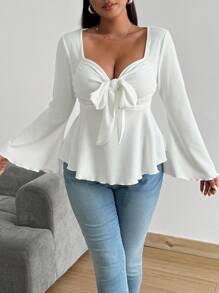 Sunspun Plus Size Solid Color Ribbed Front Twist Tie Flare Sleeve T-Shirt Fall Cloth For Women - White - View 6