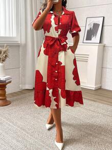 Calvaya Vestido de mujer tipo camisa de largo maxi con botones frontales, cintura con lazo y estampado floral