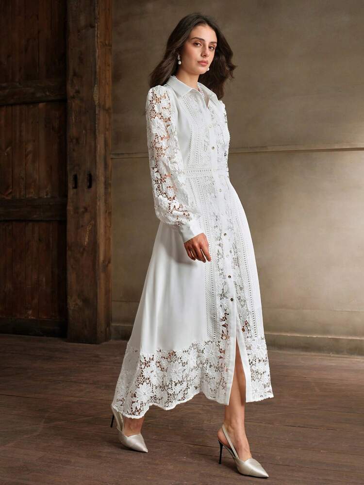 Elegant Lace Panel Midi Dress For Women, Spring/Autumn Maxi Women Outfit