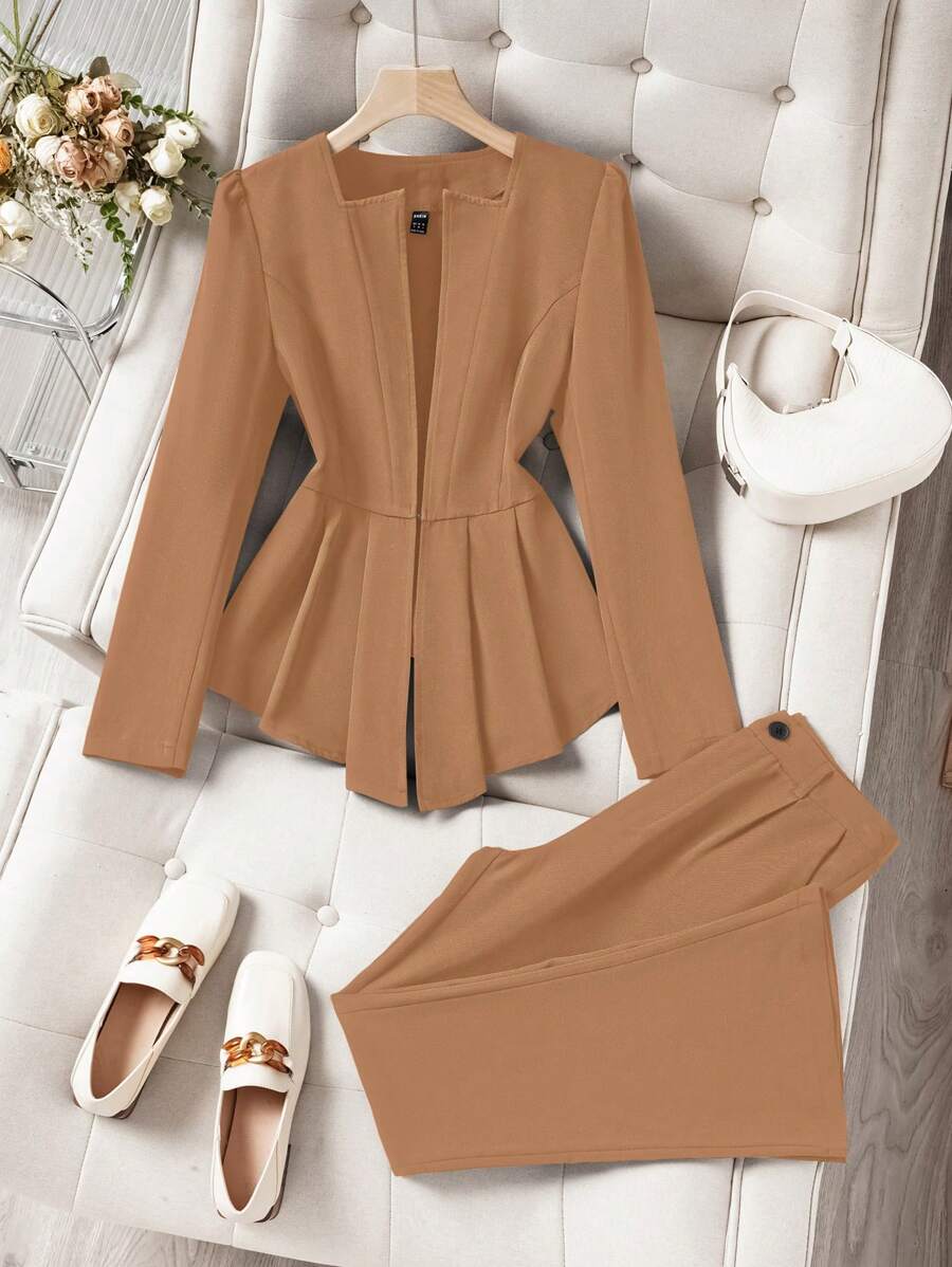 Chiquease Bộ 2 món: Áo khoác Blazer thanh lịch màu trơn có viền xếp nếp và quần ống loe, trang phục thường ngày thời trang - Màu Khaki - Xem 1
