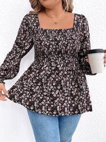 SHEIN LUNE Plus Size Square Neckline Long Sleeve Floral All-Over Print Top, Casual Everyday Wear - Multicolor - View 7