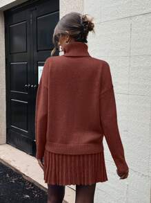 Conjunto informal de 2 piezas de top de cuello alto de manga larga y falda de unicolor para mujer - Marrón - Ver 2