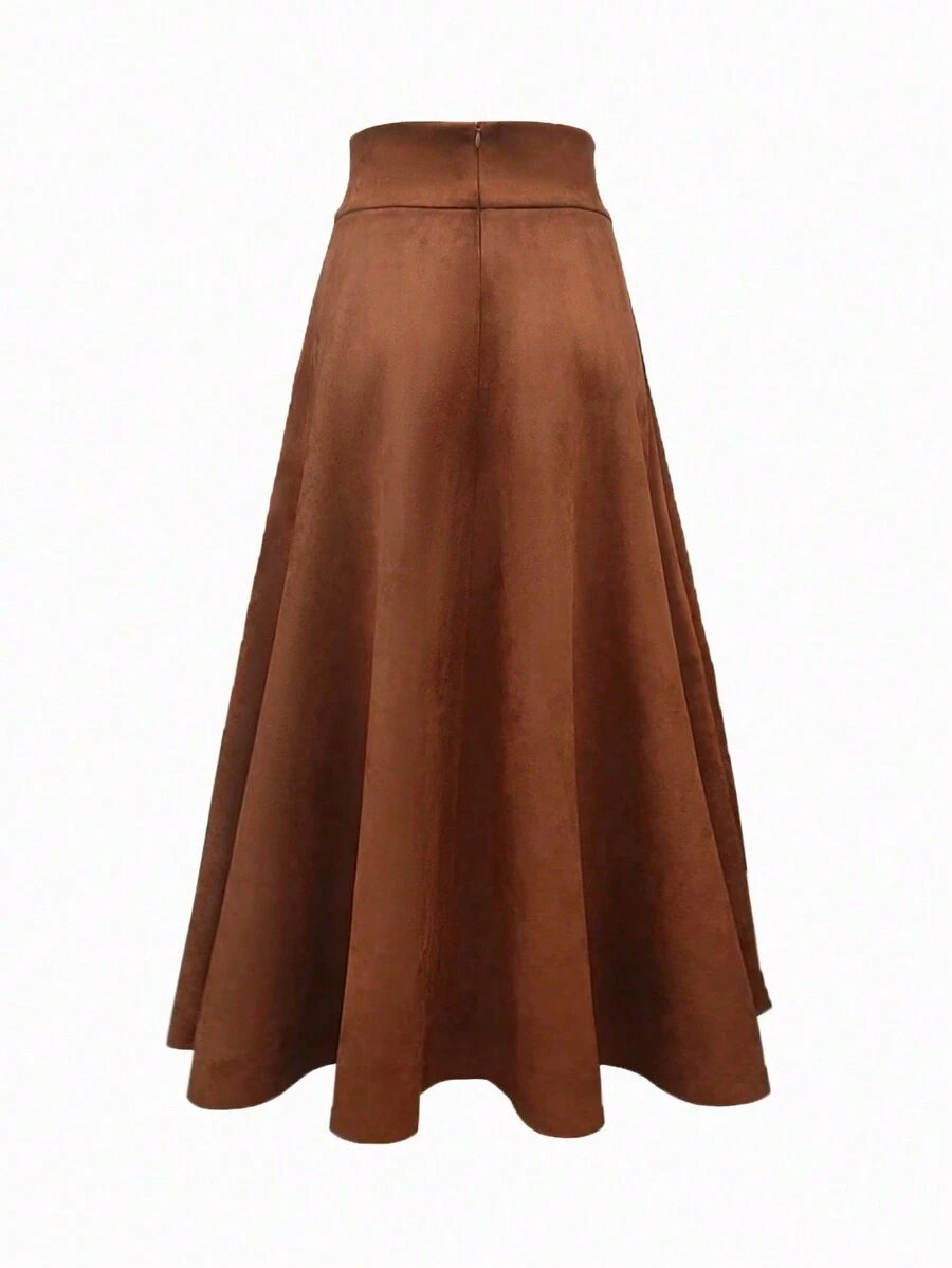 女士纯色高腰开衩下摆简约半身裙，休闲日常穿着