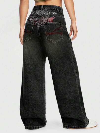 ROMWE Avant Pantalon en jean boyfriend pour femmes, de coupe droite, de couleur unie, avec détails brodés de slogan et de vigne