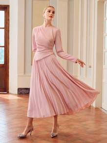 ZEYLAH SOLID RUCHED WAIST PLEATED HEM DRESS