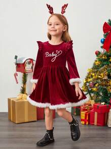 SHEIN Váy sọc trắng cổ tròn nhung đỏ trong suốt cho bé gái, váy giáng sinh, phù hợp cho mùa thu đông, màu đỏ cho giáng sinh, trang phục dự tiệc, trang phục hàng ngày đến trường, váy sinh nhật, váy công chúa - Màu Đỏ Sâu - Xem 6