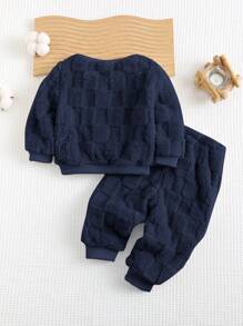 Cozy Pixies 2 件套男婴可爱熊刺绣羊毛圆领落肩运动衫和慢跑裤套装 - 藏蓝色 - 查看 2