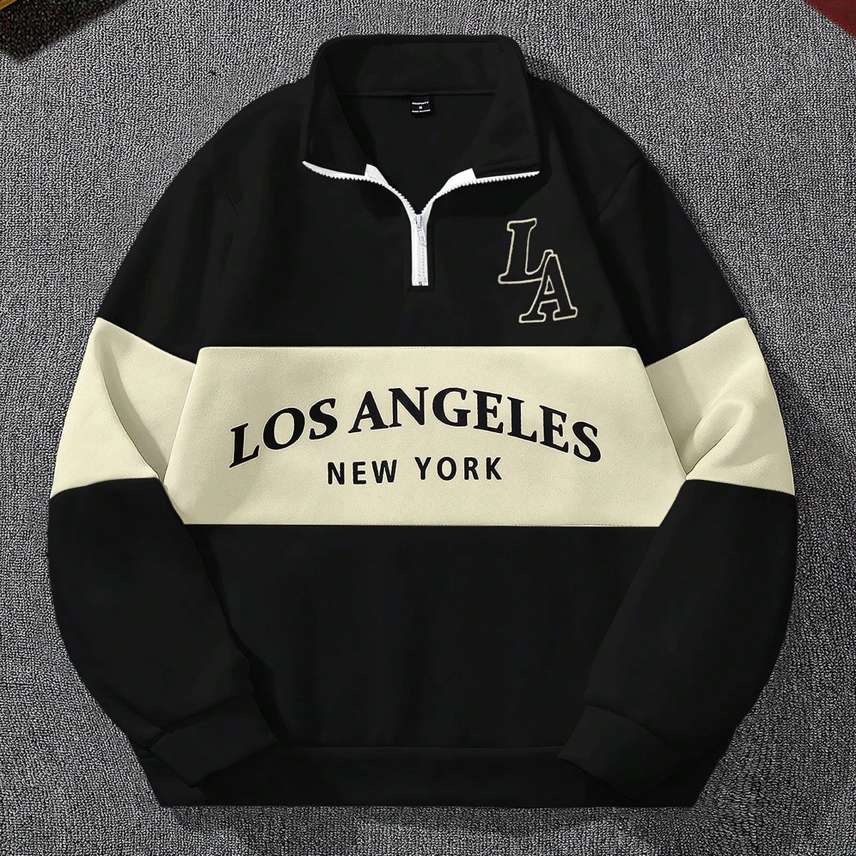 Sudadera casual con media cremallera, gráfico de letras y bloqueo de color de manga larga para hombres, otoño