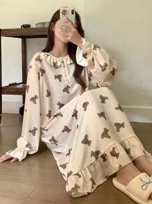 DAZY Bear Pattern Cute Ruffle Trim Loose Nightgown Pajama, Moo Moo, Fall, Winter - Apricot - View 6