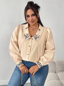 SHEIN CURVE+ Blusa de manga larga con detalles de bordado, estilo burbuja, para vacaciones, talla grande