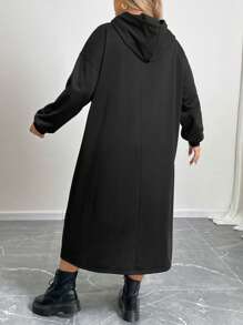 SHEIN CURVE+ Plus Size Autumn Sequin Embroidery Skull Pattern Long Hooded Sweatshirt Dress - Black - View 2