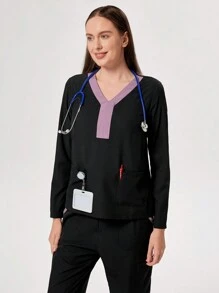 TaskEZ Scrubs Scrub Uniform Set, Contrast Color Patchwork Long Sleeve Top And Pants