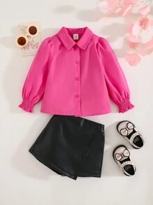 SHEIN 2pcs Babygirl Set, Long Sleeve Blouse And PU Leather Elastic Waist Shorts, Cute Pink Color, Autumn/Winter - Multicolor - View 5