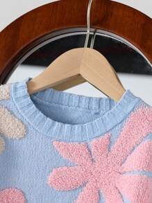 SHEIN Genkimix Kids Tween 女童休闲宽松花卉印花套头衫，3D 花卉图案，适合秋季 - 淺藍色 - 查看 3