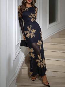 Aveloria Modichic Vestido ajustado con panel de malla de estampado floral de pinceladas, vestidos elegantes para mujer