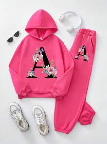 SHEIN Leap Crew Tween Girl 字母和花卉印花压花套装、波西米亚风野花、植物套装、复古植物套装、粉彩花卉自然套装、花园爱好者礼物、休闲宽松长袖厚连帽套头运动衫，适合秋冬季 - 粉色 - 查看 1