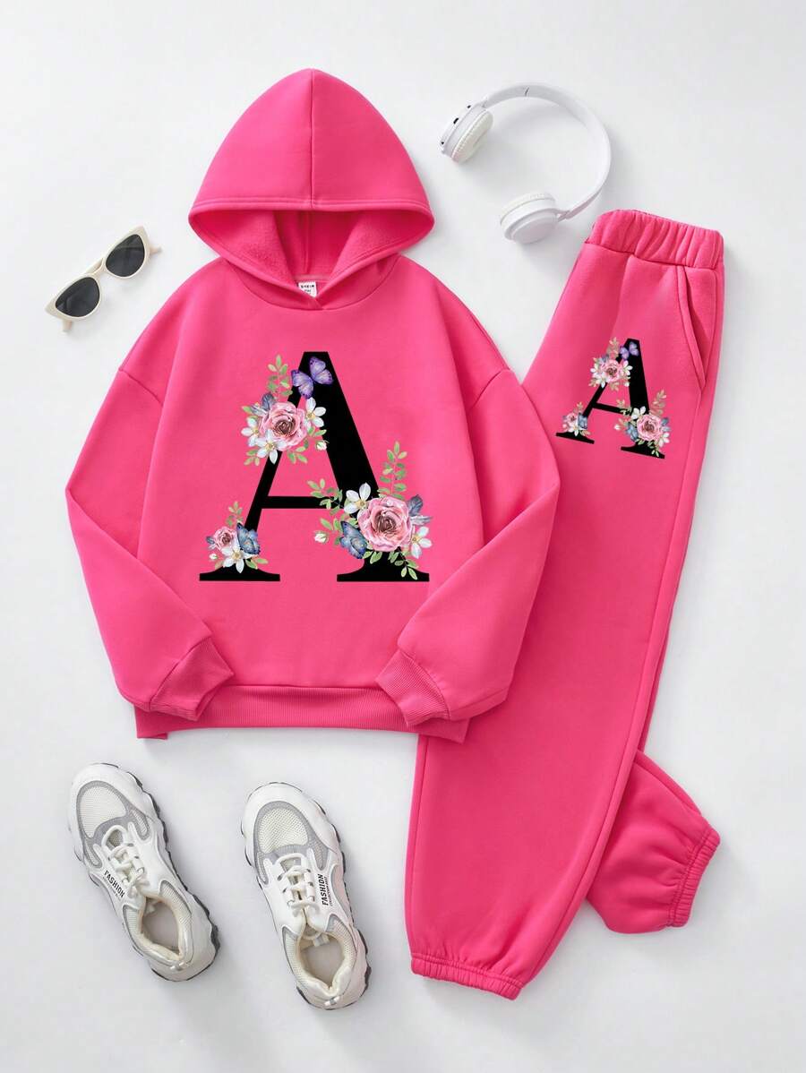 SHEIN Leap Crew Tween Girl 字母和花卉印花压花套装、波西米亚风野花、植物套装、复古植物套装、粉彩花卉自然套装、花园爱好者礼物、休闲宽松长袖厚连帽套头运动衫，适合秋冬季 - 粉色 - 查看 1