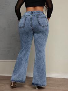 SHEIN SXY Vaqueros azules de cintura alta y elástica para mujer talla grande con dobladillo dividido, pantalones largos versátiles