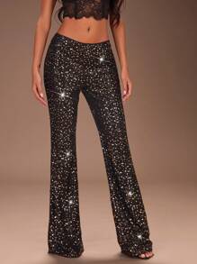 SHEIN SXY Pantaloni con coulisse da donna in velluto nero con paillettes, adatti per casual, concerti, feste, uscite serali, carnevale - nero - Visualizzare 6