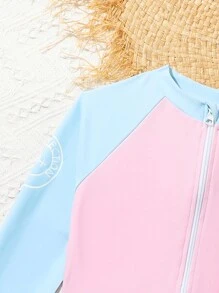 SHEIN Tween Girls 3 件套比基尼套装：拼色吊带背心上衣 + 纯色三角裤 + 拉链长袖夹克，夏季海滩 - 淺藍色 - 查看 3