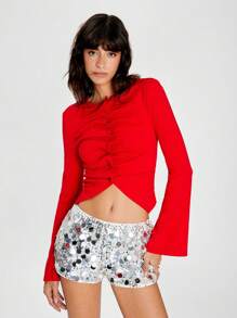 SHEIN EZwear 女式休闲纽扣前褶皱喇叭袖 T 恤，秋季 - 紅色 - 查看 6
