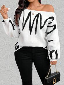 SHEIN Unity Áo len dệt kim dáng rộng, phối màu, hở vai, cỡ lớn, thích hợp cho mùa thu/đông. - Nhiều màu - Xem 5