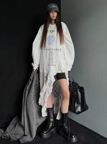 DAZY Locker geschnittenes Rundhals-Grafik-T-Shirt für Frauen, Langarm-Damenblusen für den Herbst