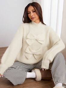 SHEIN Unity Suéter minimalista de mujer de unicolor con decoración de lazo y manga larga, para uso casual diario, jersey de punto para otoño e invierno - Beis - Ver 6