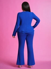 Slaydiva 优雅时尚大码女式两件套，长袖上衣和长裤套装 - 藍色 - 查看 2