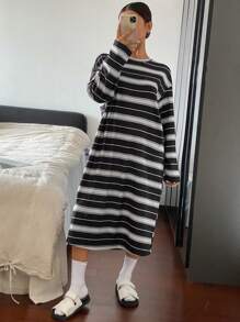 DAZY Striped Soft Plush Fabric Loose Fit Lounge Dress - Dark Grey - View 6