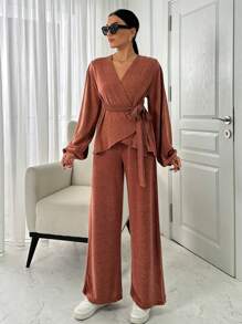 SHEIN Cottnline Anvelop Blouse And Wide Legs Pant Two Pieces Seta - Brown - View 1