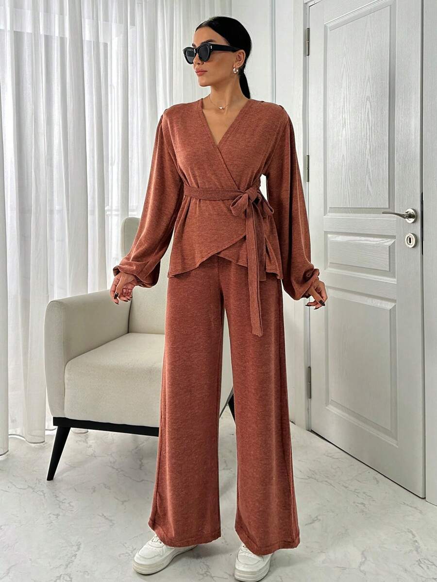 SHEIN Cottnline Anvelop Blouse And Wide Legs Pant Two Pieces Seta - Brown - View 1