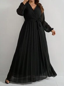 RueChic Plus Size Women's V-Neck Pleated Hem Balloon Sleeves Belted Chiffon Dress