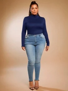 SHEIN SXY Plus Size Solid Color Slim Fit High-Necked Long Sleeve All-Match T-Shirt Basic Tees