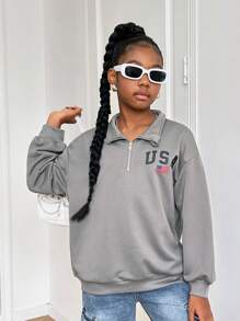 SHEIN Sudadera de manga larga cómoda con cuello de tripulación y estampado de letras suelta casual para niñas preadolescentes