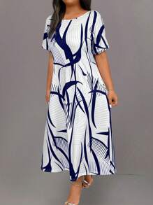 EMERY ROSE Plus Size All-Over Print Crew Neck Short Sleeve Casual Dress Women Outfit, For Summer