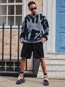 Men's Pattern Print Crew Neck Long Sleeve Sweater And Knit Shorts Casual Loose Suit, Fall/Winter