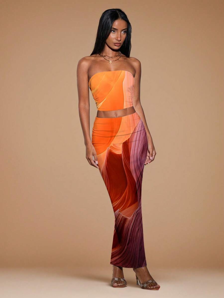 SHEIN BAE Bộ váy bó thanh lịch họa tiết nhuộm loang 2 chiếc dành cho nữ, thích hợp cho mùa hè - trái cam - Xem 1