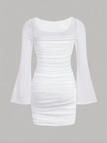SHEIN Girlism Tween Girl Elegant Formal Knitted Solid White Color Square Neckline Mesh Bell Sleeve Ruched Long Sleeve Dress, For Autumn White Daily Wear - White - View 2