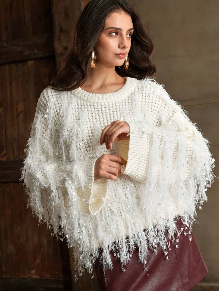 Women's Luxury Christmas Feather Tassel Shiny Casual Sweater, Autumn/Winter Knit Pullover Fall