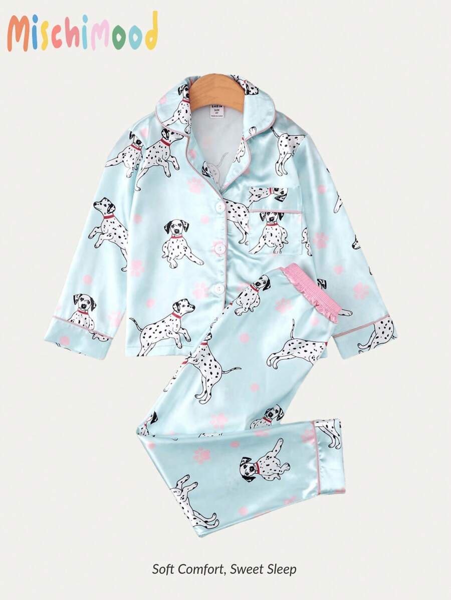 SHEIN 女小童卡通圖案拼接滾邊緞面睡衣套裝 - 淺藍色 - 查看 1