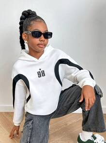 Sudadera con capucha holgada de hombros caídos con estampado empalmado para niñas preadolescentes