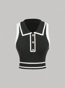 SHEIN MOD 女士翻领无袖纽扣优雅修身条纹针织短款上衣 - 黑與白 - 查看 1