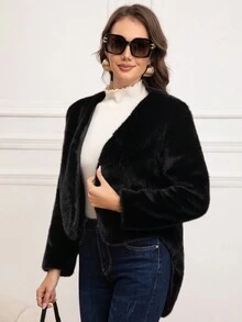 Eilly Bazar Women's Solid Color Long Sleeve Open Front Fluffy Casual Jacket, Winter - Black - View 7