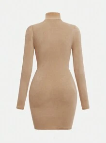 SHEIN Teen Girls All-Match Versatile Dress With Ruched Hips, Mock Neck Cross Front Design, Brown, Elegant, Suitable For Warm/Cold Weather, Thermal/ Thermal Lined Leggings, Fluffy/Fuzzy Stand Collar Pullover, Flannel, Fold Waistband, Stacked