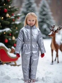 Young Girl's Plush Hooded Silver Fleece Jumpsuit, Warm & Cool Y2K Fashion Casual Outdoor Coverall, New Winter Collection