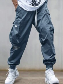 Claim Dot Men Loose Fit Slogan Graphic Flap Pocket Drawstring Waist Cargo Pants - Dusty Blue - View 5