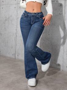 Jeanoix Women's Elastic Waist, Low-Rise Flared Denim Pants - Medium Wash - View 1