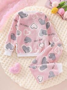 SHEIN 2 件套女童仙女图案保暖舒适裤和长袖家居服套装，适合秋冬季 - 粉色 - 查看 2